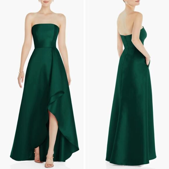 New! Alfred Sung Strapless Satin Gown in Hunter Green, size 14R - Picture 1 of 16
